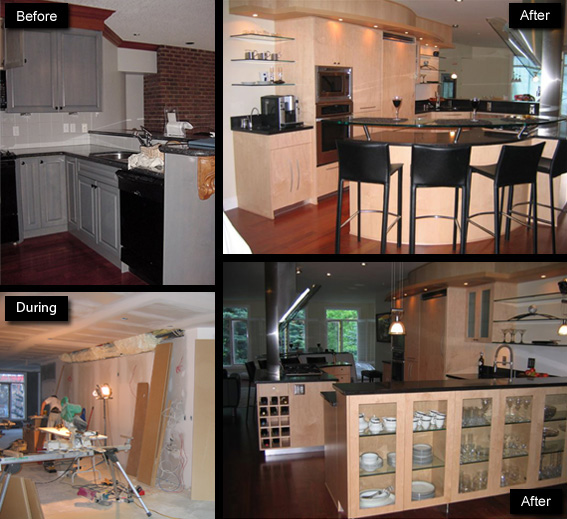 kitchen before, during and after renovation